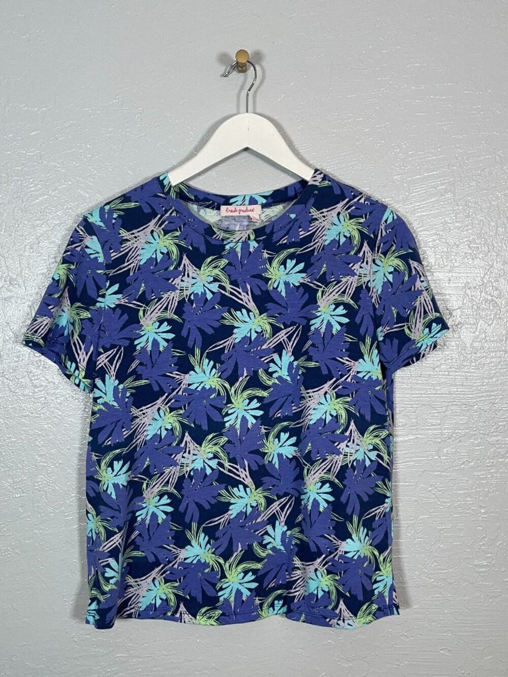 Fresh Produce Women L White Blue Floral Print Shirt Short Sleeve Crew Cotton